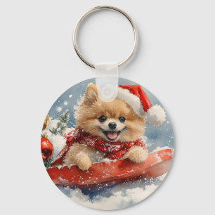 Pomeranian Dog in Sledge Let it Snow Christmas Key Ring