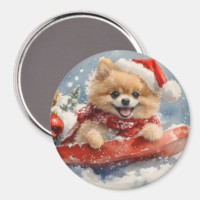 Pomeranian Dog in Sledge Let it Snow Christmas Magnet (Front/Back)