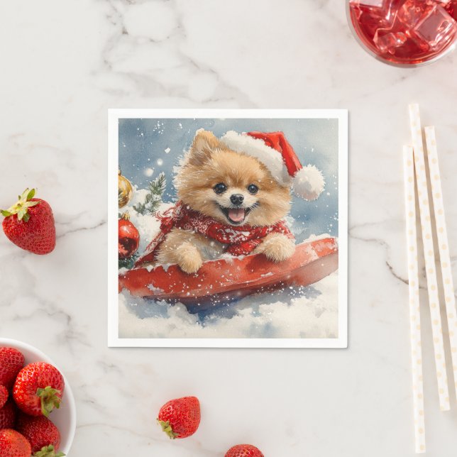 Pomeranian Dog in Sledge Let it Snow Christmas Napkin (Insitu)