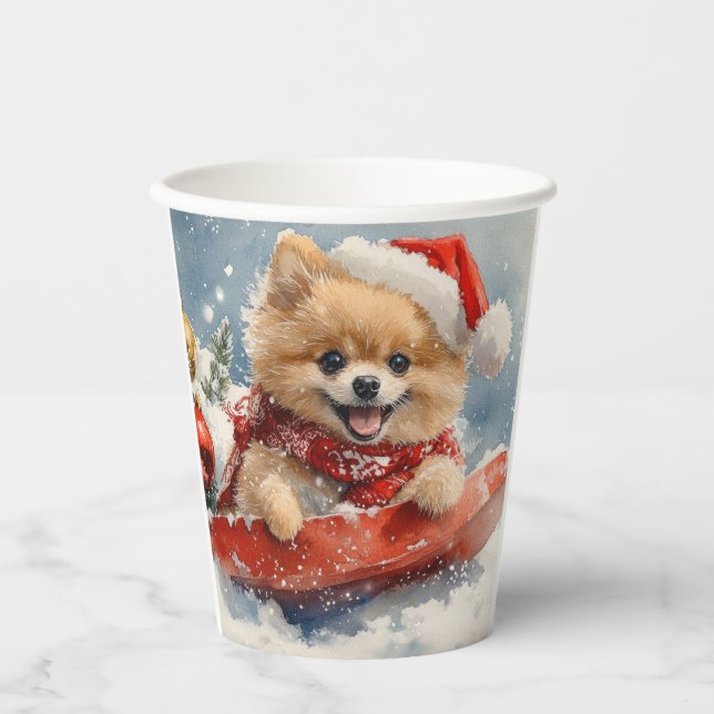 Pomeranian Dog in Sledge Let it Snow Christmas Paper Cups (Front)