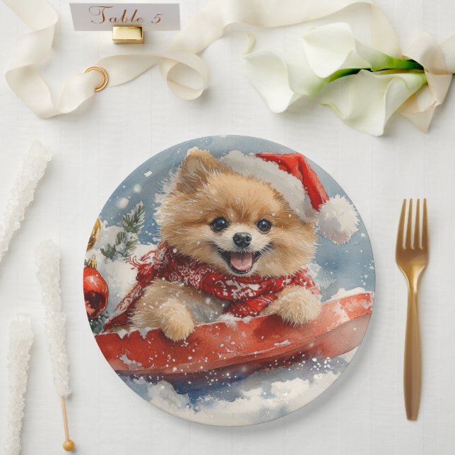Pomeranian Dog in Sledge Let it Snow Christmas Paper Plate (Wedding)