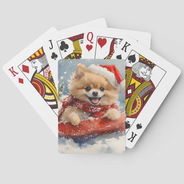 Pomeranian Dog in Sledge Let it Snow Christmas Playing Cards (Back)