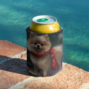 Pomeranian Dog in Snow Christmas Can Cooler