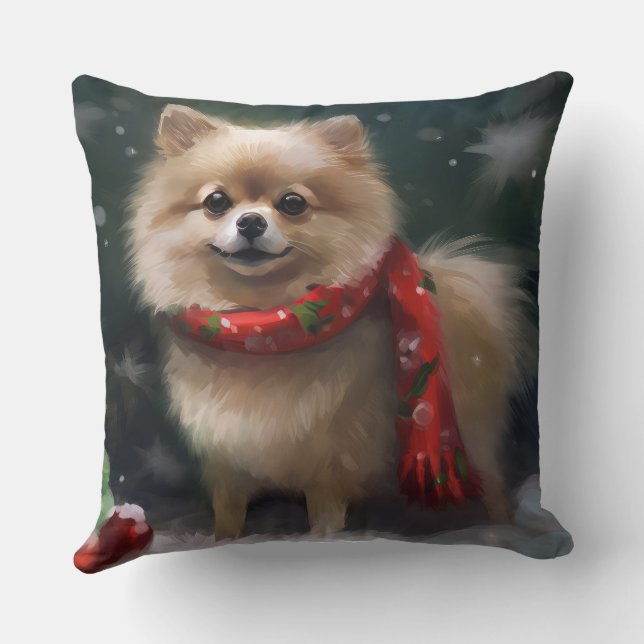 Pomeranian Dog in Snow Christmas Cushion (Back)