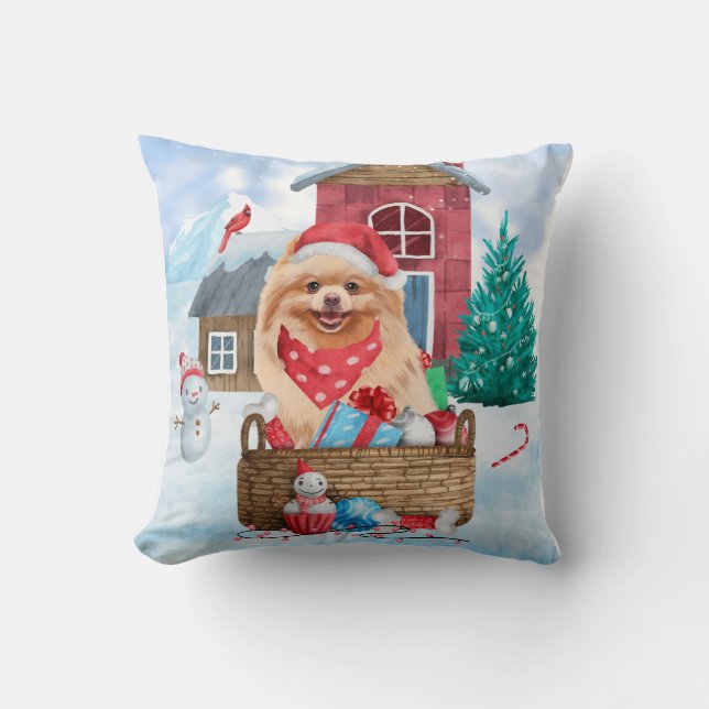 Pomeranian Dog In snow Christmas Dog House Cushion (Front)