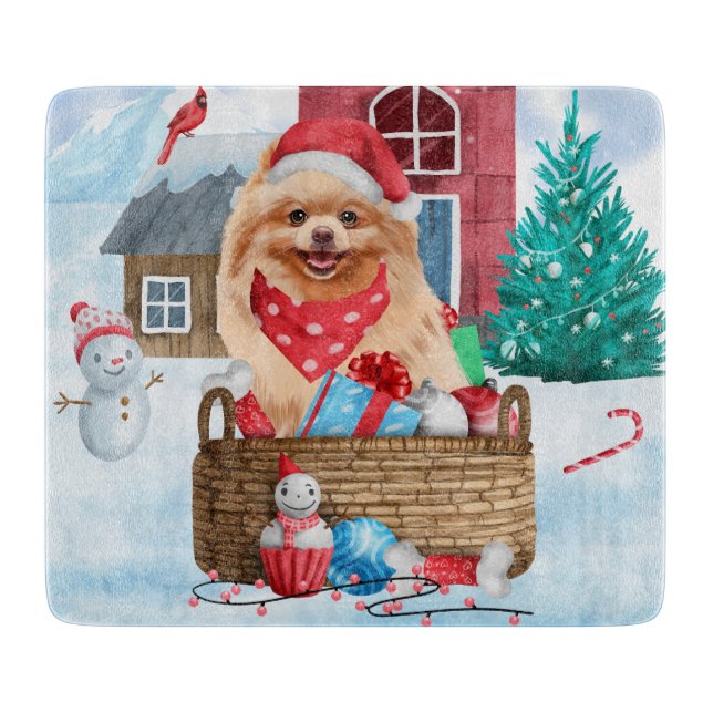 Pomeranian Dog In snow Christmas Dog House  Cutting Board (Front)