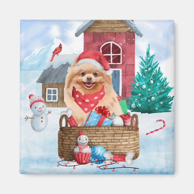 Pomeranian Dog In snow Christmas Dog House Magnet (Front)