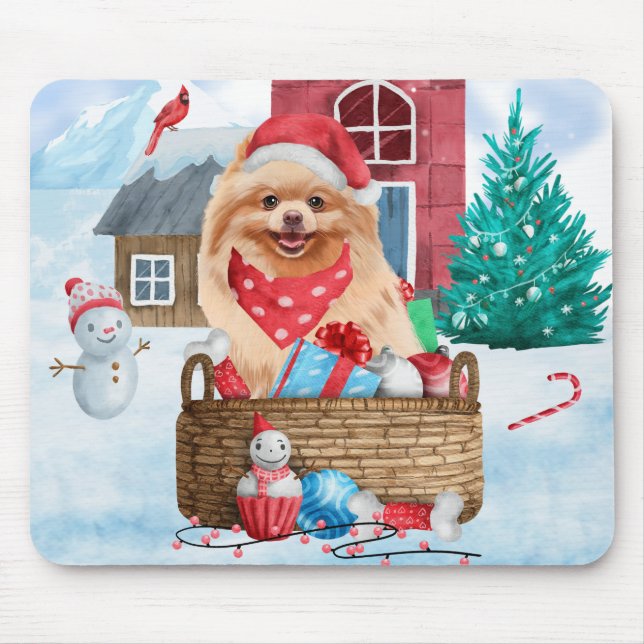 Pomeranian Dog In snow Christmas Dog House Mouse Pad (Front)