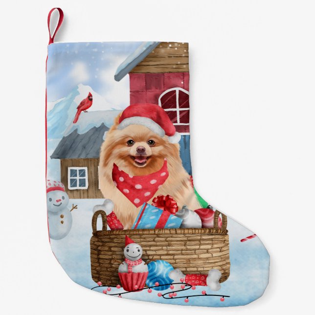 Pomeranian Dog In snow Christmas Dog House  Small Christmas Stocking (Front)