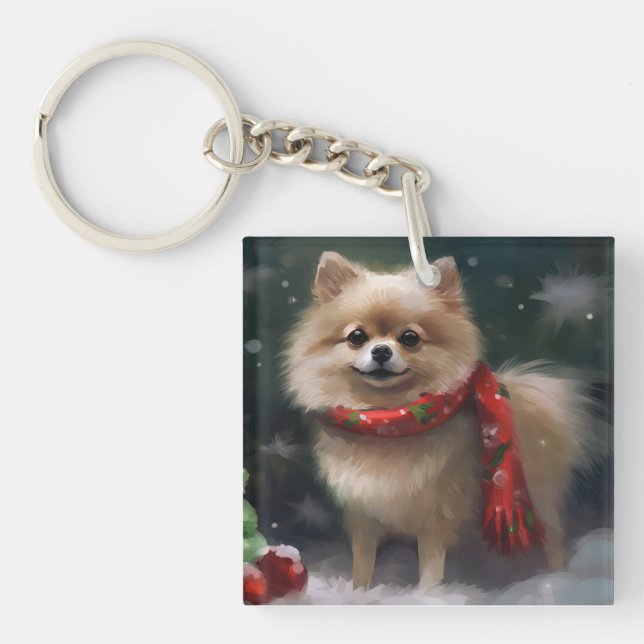 Pomeranian Dog in Snow Christmas Key Ring (Front)