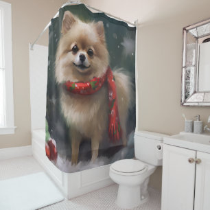 Pomeranian Dog in Snow Christmas Shower Curtain