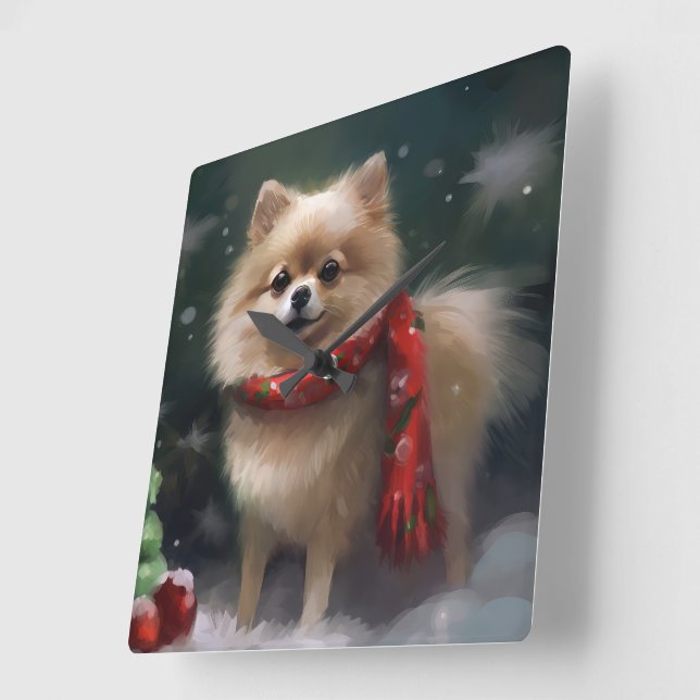 Pomeranian Dog in Snow Christmas Square Wall Clock (Angle)