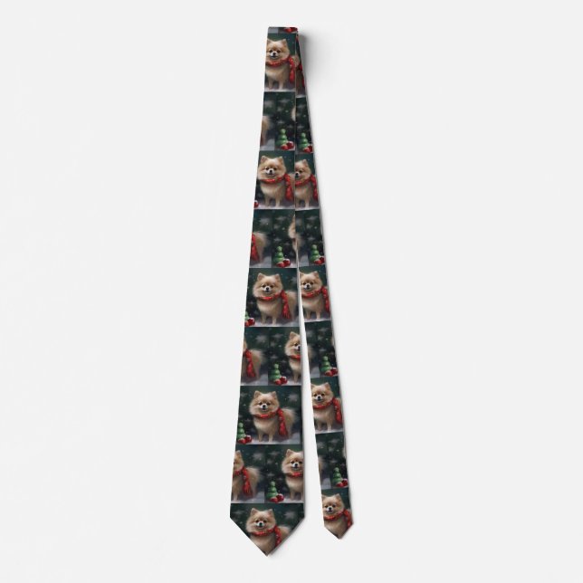 Pomeranian Dog in Snow Christmas Tie (Front)