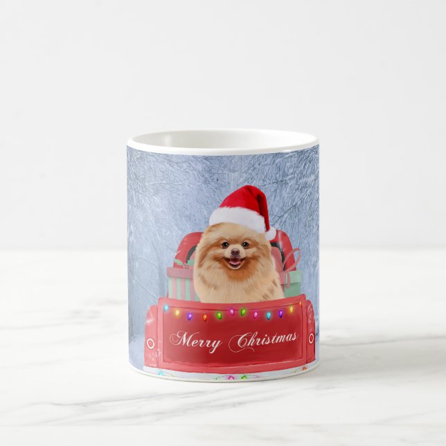 Pomeranian Dog in Snow sitting in Christmas Truck  Coffee Mug (Center)