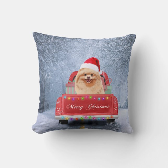 Pomeranian Dog in Snow sitting in Christmas Truck  Cushion (Front)