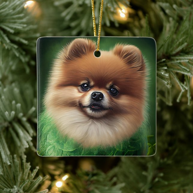 Pomeranian Dog in St. Patrick's Day Dress Ceramic Ornament (Tree)