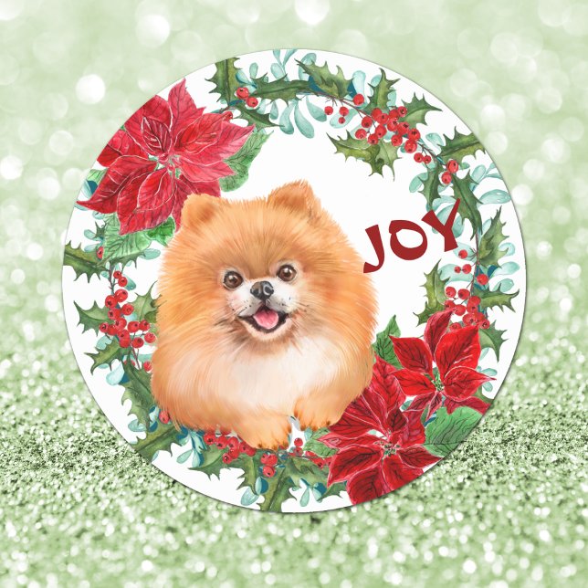 Pomeranian Dog Joy Poinsettia Christmas Wreath Classic Round Sticker (Creator Uploaded)