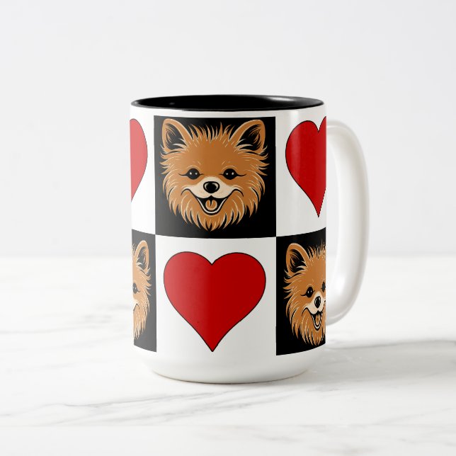 Pomeranian Dog Lover Cute Puppy Chequered Pattern Two-Tone Coffee Mug (Front Right)
