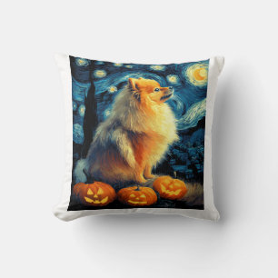 Pomeranian Dog Lovers Painting of van gogh starry Cushion