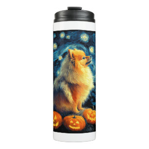 Pomeranian Dog Lovers Painting of van gogh starry Thermal Tumbler