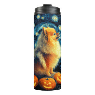 Pomeranian Dog Lovers Painting of van gogh starry Thermal Tumbler