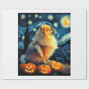 Pomeranian Dog Lovers Painting of van gogh starry Wrapping Paper