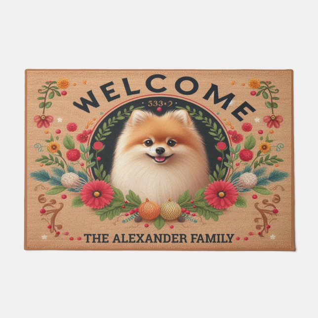 Pomeranian Dog Paradise, Personalised Name Welcome Doormat (Front)
