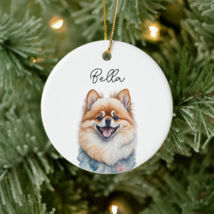 Pomeranian Dog Pet Custom Name Holiday Christmas Ceramic Ornament