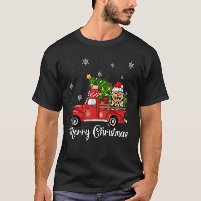 Pomeranian Dog Riding Red Truck Christmas Tree Xma T-Shirt (Front)