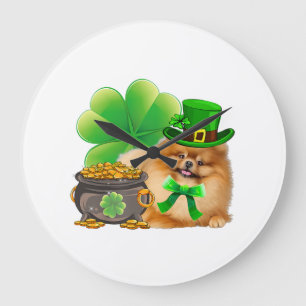 Pomeranian Dog Shamrock St Patricks Day Dog Irish Large Clock