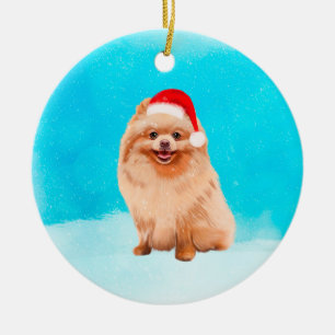 Pomeranian Dog Sitting In Snow Christmas Hat Ceramic Ornament