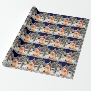 Pomeranian Dog Sitting On Beach Christmas Hat Wrapping Paper
