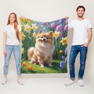 Pomeranian Dog Spring Flowers Painting Fleece Blanket