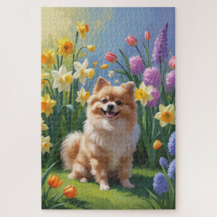 Pomeranian Dog Spring Flowers Painting  Jigsaw Puzzle