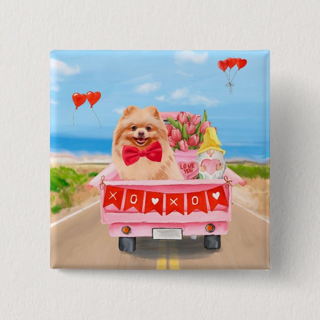 Pomeranian Dog Valentine's Day Truck Hearts 15 Cm Square Badge (Front)
