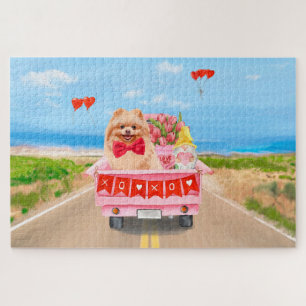 Pomeranian Dog Valentine's Day Truck Hearts  Jigsaw Puzzle