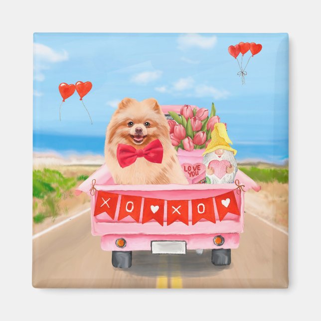 Pomeranian Dog Valentine's Day Truck Hearts Magnet (Front)