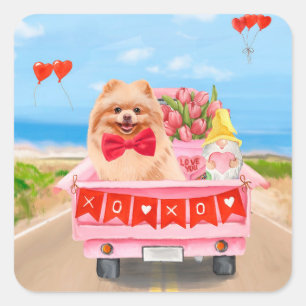 Pomeranian Dog Valentine's Day Truck Hearts Square Sticker