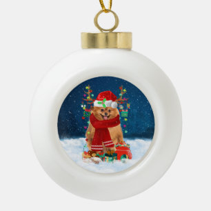 Pomeranian dog with Christmas gifts Ceramic Ball Christmas Ornament
