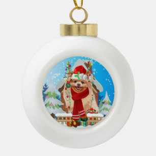Pomeranian dog with Christmas gifts Ceramic Ball Christmas Ornament