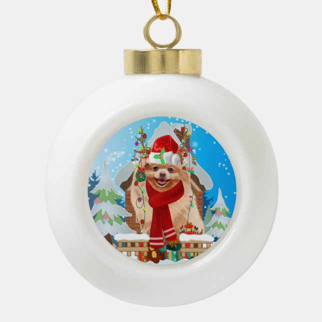 Pomeranian dog with Christmas gifts Ceramic Ball Christmas Ornament (Front)