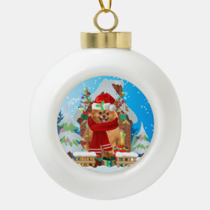 Pomeranian dog with Christmas gifts Ceramic Ball Christmas Ornament