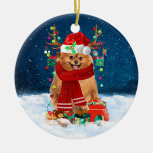 Pomeranian dog with Christmas gifts Ceramic Ornament