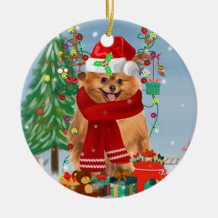 Pomeranian dog with Christmas gifts Ceramic Ornament