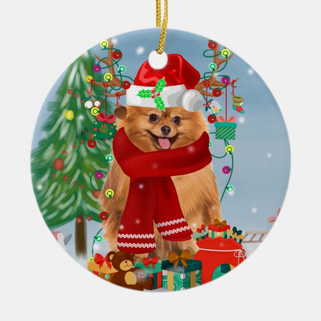 Pomeranian dog with Christmas gifts   Ceramic Ornament (Front)