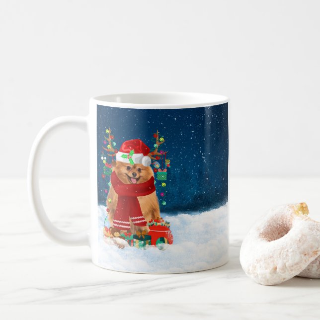 Pomeranian dog with Christmas gifts  Coffee Mug (With Donut)