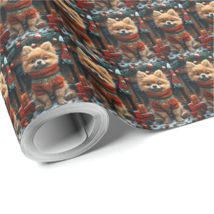Pomeranian Dog With Christmas Gifts Fireplace Wrapping Paper