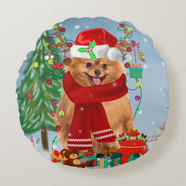 Pomeranian dog with Christmas gifts  Round Cushion (Front)