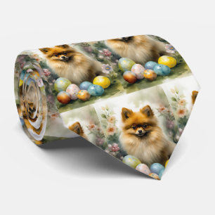Pomeranian Dog with Easter Eggs Holiday Tie