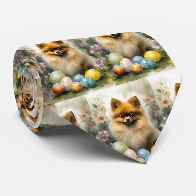 Pomeranian Dog with Easter Eggs Holiday  Tie (Rolled)